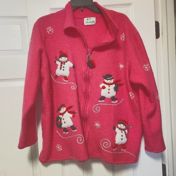 Quacker Factory Sweaters - Quacker Factory Sweater 2XL Cardigan Christmas Snowman Wool embellished